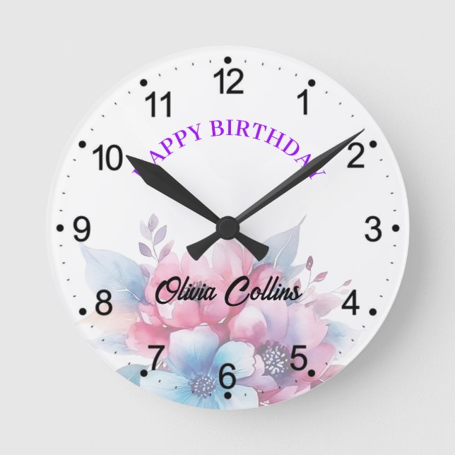 Horloge Ronde Fleurs à l'aquarelle conception florale (Recto)
