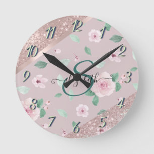 Horloge Ronde Fleurs aquarelle monogramme or rose