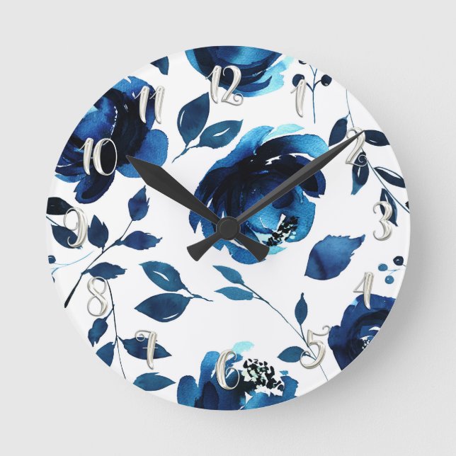 Horloge Ronde Fleurs aquarelles florales bleues Élégantes Chic (Recto)