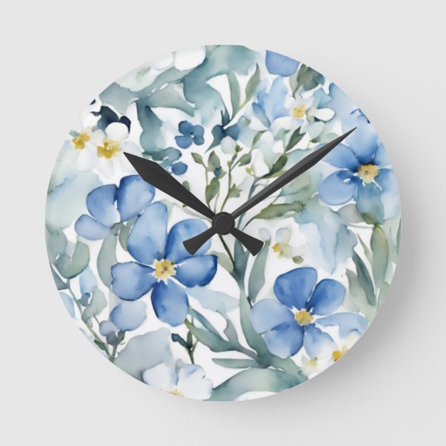 Horloge Ronde Fleurs Bleues Blancs Aquarelle Chic (Recto)