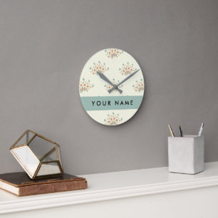 Horloge Ronde Fleurs bleues et rouges, Bleu, Votre nom