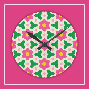 Horloge Ronde Fleurs botaniques rose vif sur motif floral géomét