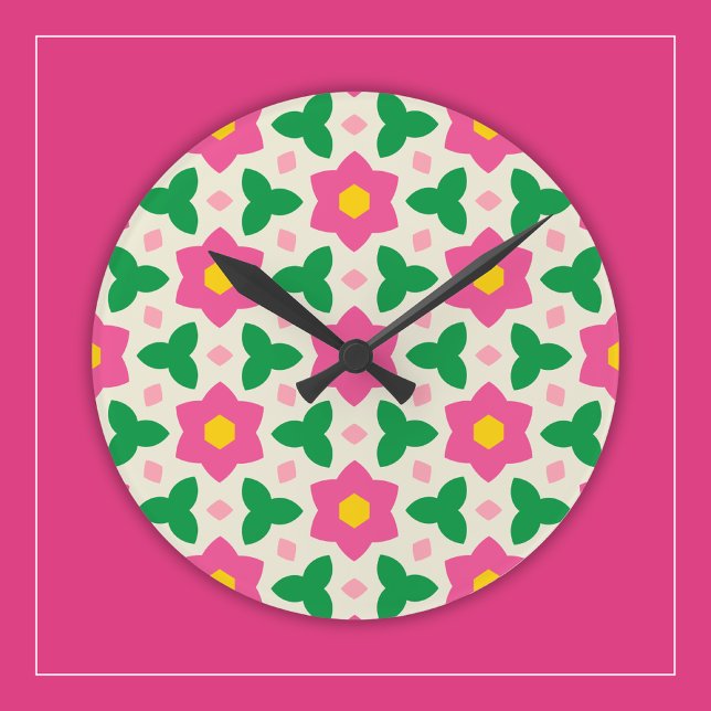 Horloge Ronde Fleurs botaniques roses chaudes sur Mood géométriq (Créateur téléchargé)
