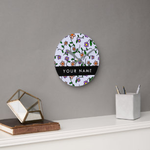 Horloge Ronde Fleurs Colorées, Fond Bleu, Noir
