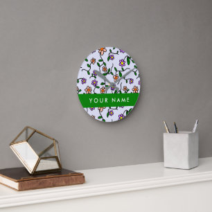 Horloge Ronde Fleurs Colorées, Fond Bleu, Vert
