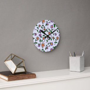 Horloge Ronde Fleurs colorées, Motif Floral, Verdure, Boho