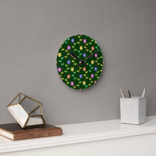 Horloge Ronde Fleurs colorées, Motif Floral, Verdure, Boho
