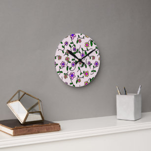 Horloge Ronde Fleurs colorées, Motif Floral, Verdure, Boho