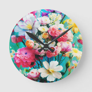 Horloge Ronde Fleurs Colorées sur Fond Sarcelle