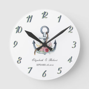 Horloge Ronde Fleurs d'ancre à l'aquarelle Nautique