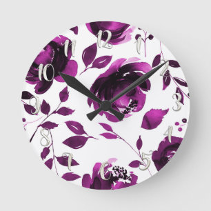 Horloge Ronde Fleurs d'Aquarelle Florale Violet Élégant Chic