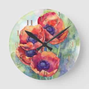 Horloge Ronde Fleurs d'aquarelle rouge pavot illustration fleurs