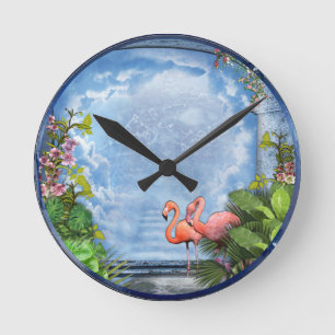 Horloge Ronde Fleurs d'arty rose sur la texture de bois bleu