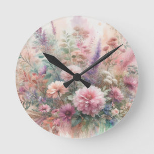 Horloge Ronde Fleurs d'automne dans les couleurs pastel aquarell