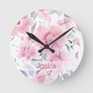 Horloge Ronde Fleurs de aquarelle roses personnalisées