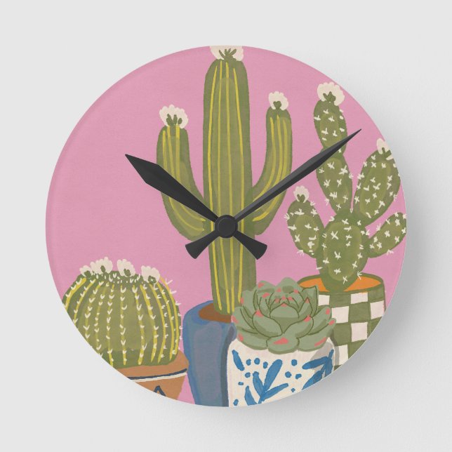 Horloge Ronde Fleurs de cactus rose (Recto)