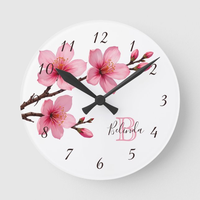 Horloge Ronde Fleurs de cerisier rose blanc Monogramme Nom (Recto)