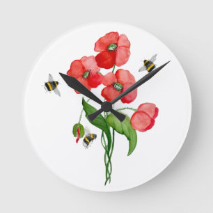 Horloge Ronde Fleurs de coquelicot écarlate d'aquarelle et bourd