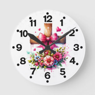 Horloge Ronde Fleurs de Croix Rose