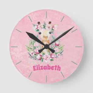 Horloge Ronde Fleurs de girafe Boho Nommées Filles, Cadeaux Ados