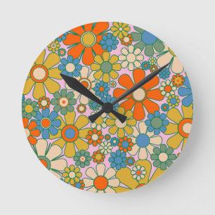 Horloge Ronde Fleurs de Jardin Rétro 60s les années 70 motif Flo