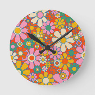 Horloge Ronde Fleurs de Jardin Rétro Coloré 60s les années 70 Fl