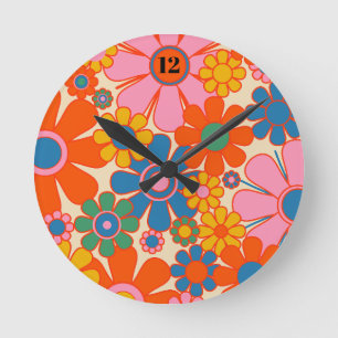 Horloge Ronde Fleurs de Jardin Rétro Coloré 60s les années 70 Fl