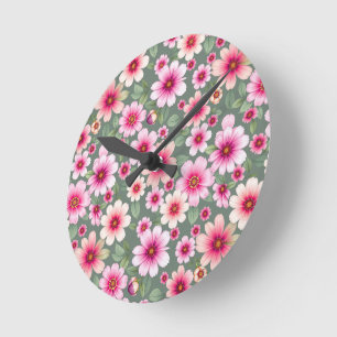 Horloge Ronde Fleurs de jardin rose sansé vintage