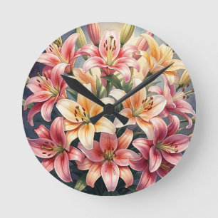 Horloge Ronde Fleurs de lys aquarelles rose orange blanc vibrant