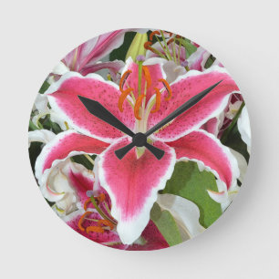 Horloge Ronde Fleurs de lys stargazers roses