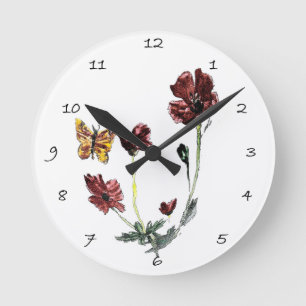Horloge Ronde Fleurs de pavot à papillon d'art floral