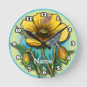 Horloge Ronde Fleurs de pavot jaune libellule