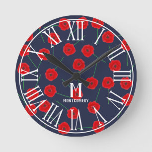 Horloge Ronde Fleurs de pavot rouge et bleu marine  Monogramme f