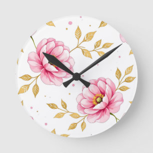 Horloge Ronde Fleurs de pivoine roses motif feuilles dorées