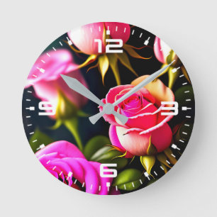 Horloge Ronde Fleurs de rose rose - Art numérique-48345