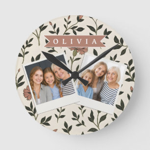 Horloge Ronde Fleurs de style vintage élégantes et neutres perso