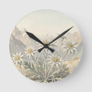 Horloge Ronde Fleurs d'Edelweiss alpines Paysage de montagne