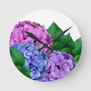 Horloge Ronde Fleurs d'hydrangée bleu et rose