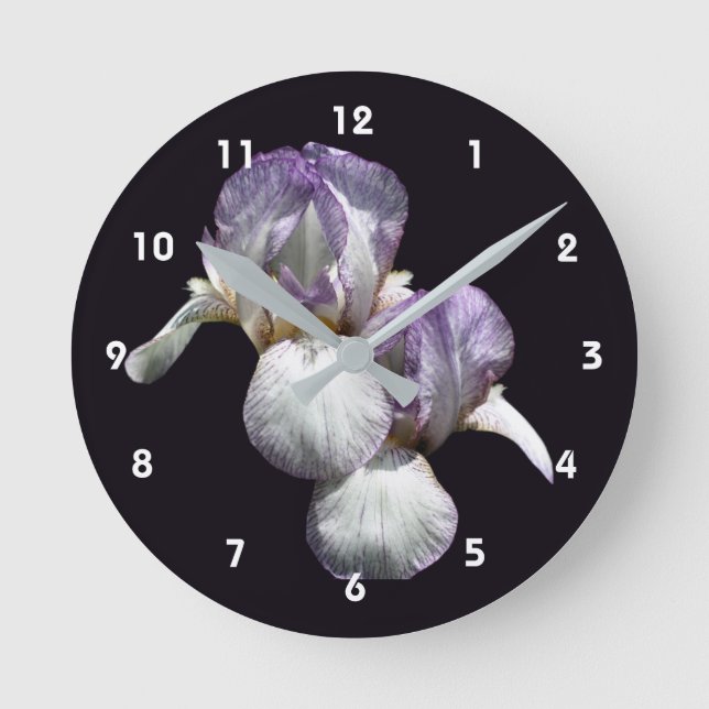 Horloge Ronde Fleurs d'Iris barbus violettes et blanches  (Recto)