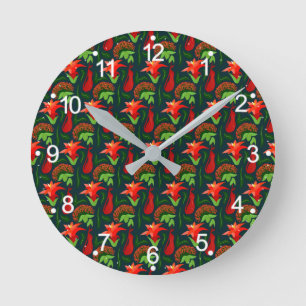 Horloge Ronde Fleurs Exotiques Colorées Motif de Feuilles