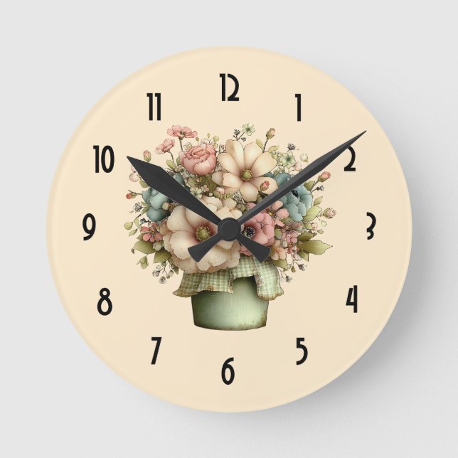 Horloge Ronde Fleurs Fantaisistes dans un Pot de Fleurs Mignon (Recto)