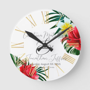 Horloge Ronde Fleurs Hawaïennes Tropicales sur Fond Blanc Élégan