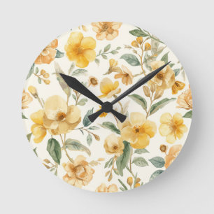Horloge Ronde Fleurs Jaunes Botanique Florale Aquarelle