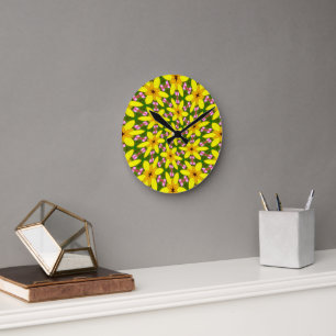 Horloge Ronde Fleurs Jaunes Lumineuses