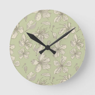 Horloge Ronde Fleurs jetées sur vert olive - motif sans soudure.