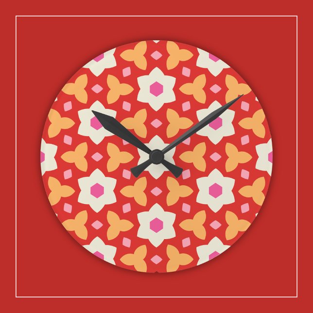 Horloge Ronde Fleurs modernes sur fond géométrique floral rouge  (Créateur téléchargé)
