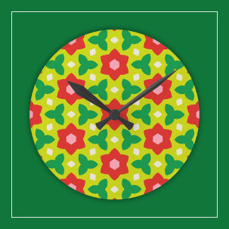 Horloge Ronde Fleurs modernes sur vert et rouge géométrique flor