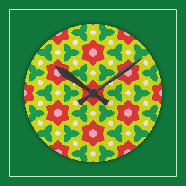 Horloge Ronde Fleurs modernes sur vert et rouge géométrique flor (Créateur téléchargé)