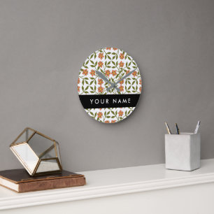 Horloge Ronde Fleurs oranges, motif floral, Boho, Votre Nom