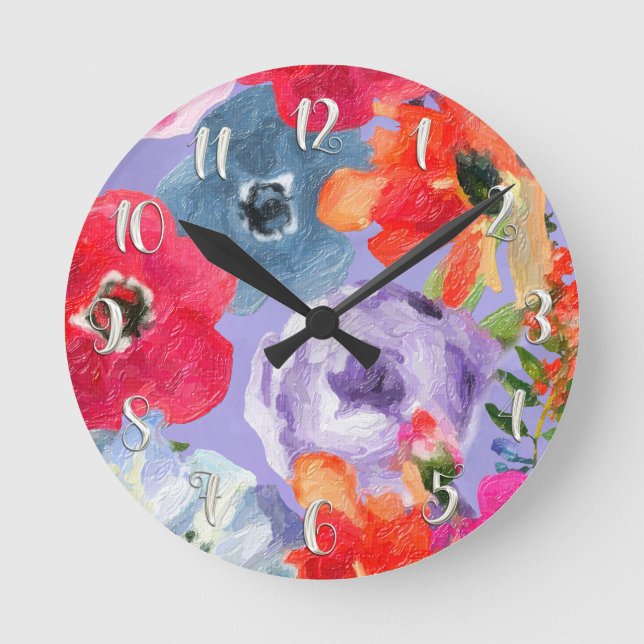 Horloge Ronde Fleurs peintes Purple Floral Moderne Aquarelle (Recto)